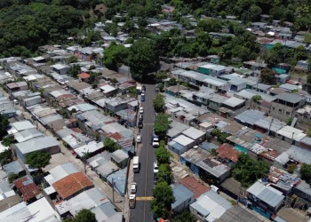 This aerial view shows the 10 de Octubre residential neighbourhood in San Marcos, El Salvador, on June 14, 2025. D