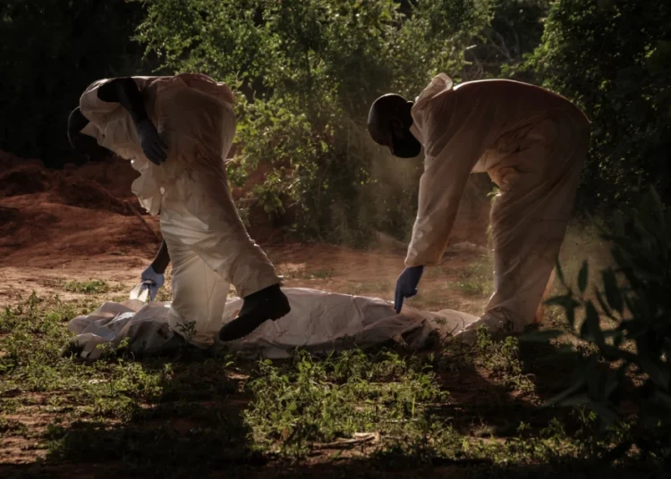 Workers carry a body bag to the mortuary after exhuming bodies at the mass-grave site in Shakahola, Kilifi County on April 25, 2023. (Photo by AFP)