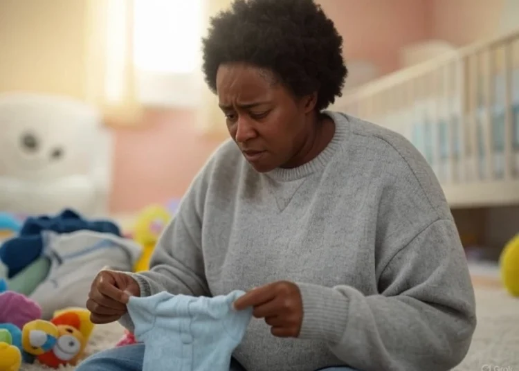 An AI-generated image depicts a woman holding an infant's cloth.