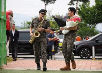 BTS members V and RM, arrive for an event after being discharged from South Korea’s mandatory military service, in Chuncheon, South Korea, June 10, 2025.