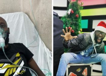 Photo collage of John Maina, famously known as MC Fullstop in a hospital bed and posing during Christmas festival. Instagram MC FullStop