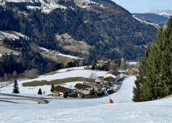 A view from the Austrian Alps, where snow cover has decreased in recent years due to drought caused by global warming, on February 21, 2025, in Kitzbuhel, Austria.