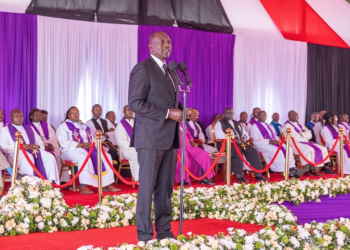 President William Ruto addressing mourners in Thome village, Laikipia County, during the funeral service of Mzee Weston Kirocho Kanja, the father of Inspector General of Police, Douglas Kanja/