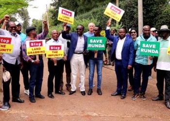 Residents protest in Runda against a proposed luxury housing project, calling for protection of the Runda Basin.