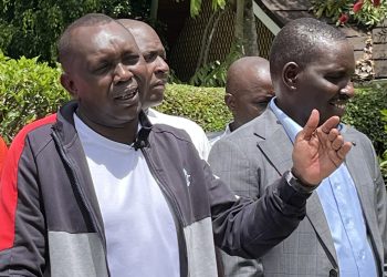 Kapseret MP Oscar Sudi with Uasin Gishu Deputy Governor Evans Kapkea speaking in Eldoret on October 16, 2025.