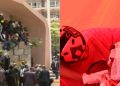 A collage of people attempting to breach Parliament and the Red Cross treating Injured people.