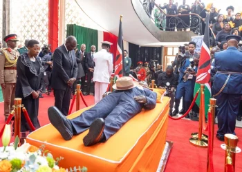 President William Ruto leads mourners in viewing Raila Odinga's body at Nyayo Stadium on Friday, October 17, 2025