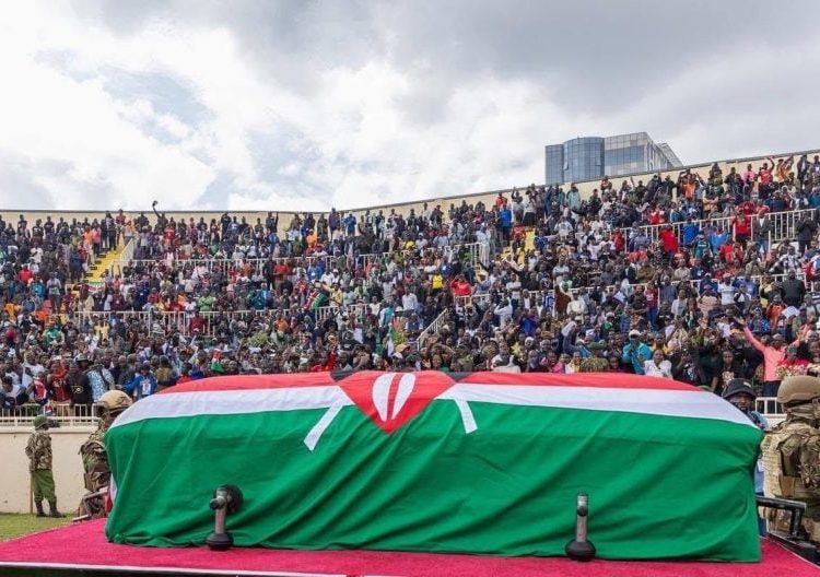 Raila Odinga’s body at the Nyayo Stadium during the national memorial service on Friday, October 17, 2025.