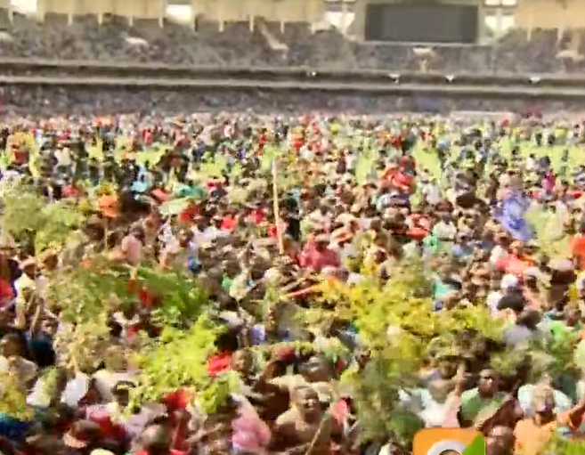 Crowds gather at Kasarani Stadium for public body viewing of Raila Odinga