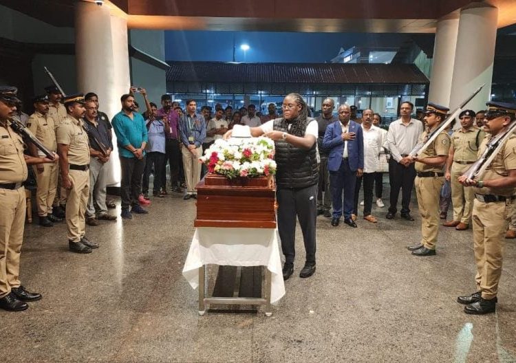 Winnie Odinga with the remains of Raila Odinga in Mumbai, India.