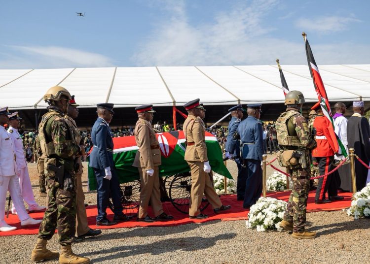 The body of the former Prime Minister Raila Odinga arrives at Jaramogi Oginga Odinga University of Science and Technology for the funeral service on October 19, 2025/