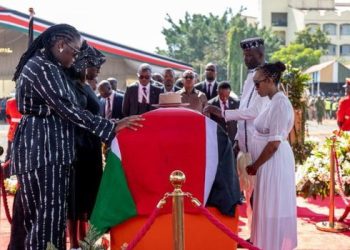 The family of the late Raila Odinga giving the last respect to their patriarch, Raila Odinga, during his funeral service at JOUST University on October 19, 2025.