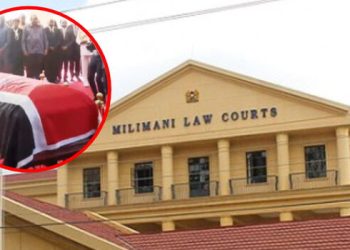 An image of the Milimani Law Courts with an inset of Raila Odinga's casket at Kasarani stadium.