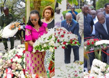Collage photo of leaders at Raila Odinga's gravesite in Bondo, Siaya County.
