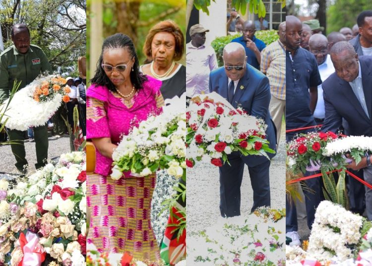 Collage photo of leaders at Raila Odinga's gravesite in Bondo, Siaya County.