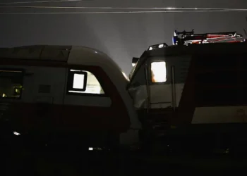 A view shows the scene of a collision between two trains in the town of Pezinok, Slovakia, November 9, 2025.