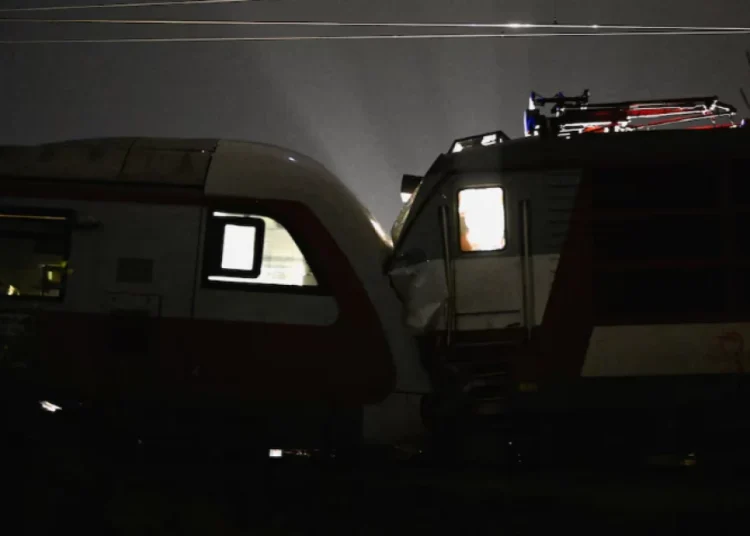 A view shows the scene of a collision between two trains in the town of Pezinok, Slovakia, November 9, 2025.