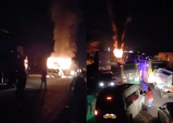 Collage photo of a bus set on fire at the Salgaa area.