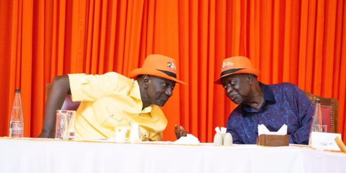 President William Ruto, alongside ODM Party leader Oburu Odinga, during the ODM 20th anniversary celebrations in Mombasa on Saturday, November 15