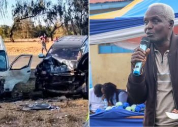 A collage of the scene where Buuri MP Mugambi Rindikiri's car was involved in a collision, and the MP at a past event.