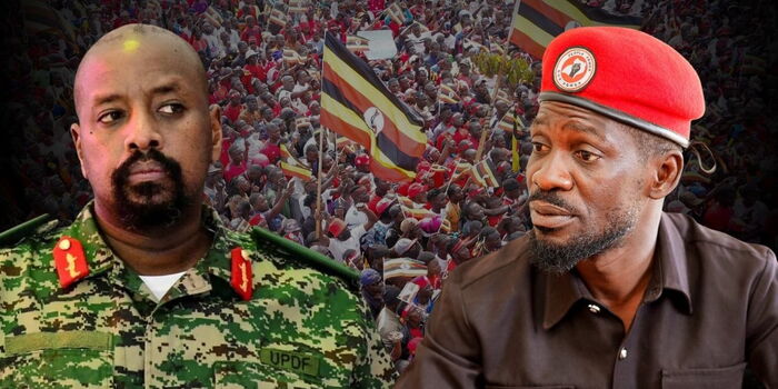 A photo collage of Uganda army chief Muhoozi Kainerugaba with opposition leader Bobi Wine, January 20, 2026.