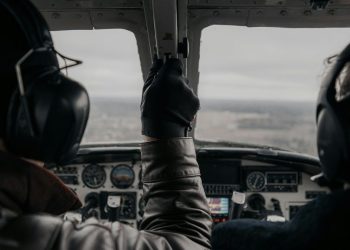 Pilots in the cockpit during flight.