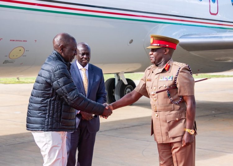 William Ruto, Rigathi Gachagua and Robert Kibochi at JKIA
