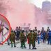 Anti-riot police officers alongside protesters in the Nairobi CBD on June 25, 2025 and an insert of President William Ruto.